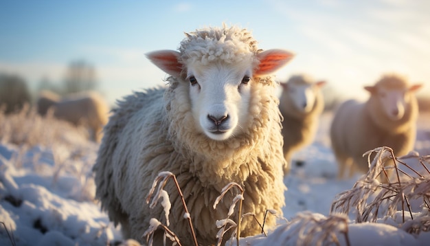 Corderos peludos pastando en el prado nevado inocencia en la naturaleza generada por la inteligencia artificial