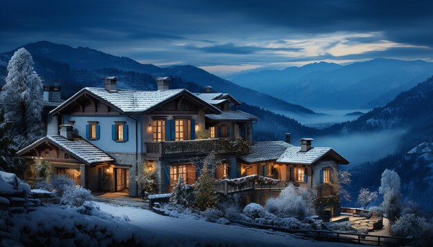 Cordillera cubierta de nieve iluminada por el atardecer, un idílico paisaje invernal generado por inteligencia artificial