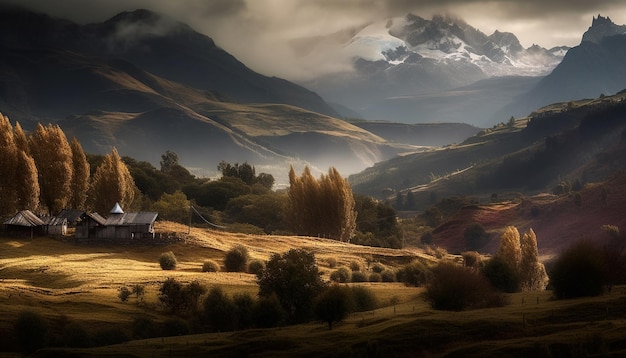 Foto gratuita cordillera tranquila puesta de sol idílico crecimiento agrícola generado por ia