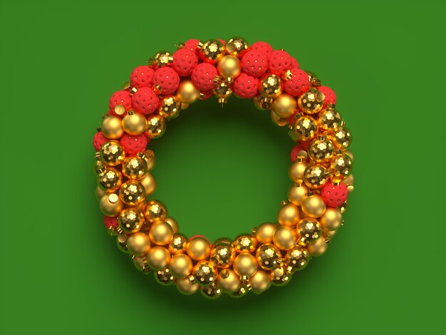 Corona de Navidad 3D con elementos decorativos. Feliz navidad y próspero año nuevo. Ilustración de renderizado 3D.