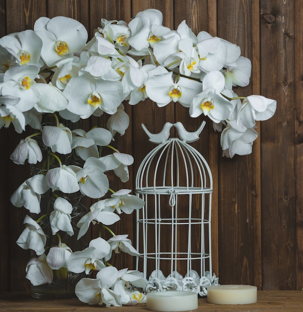 Foto gratuita corona de orquídeas blancas y jaula artificial