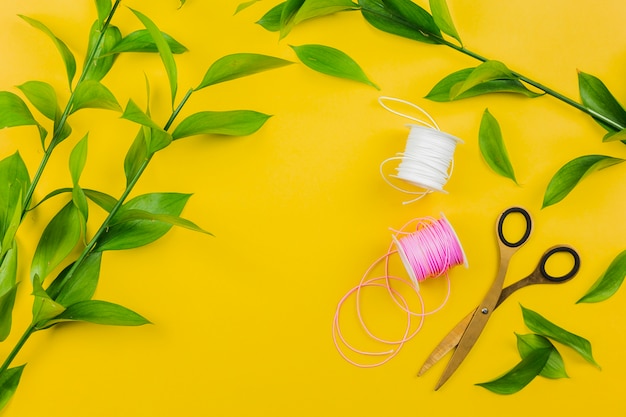 Cortar con tijeras; Carrete de hilo blanco y rosa con hojas verdes ramita sobre fondo amarillo