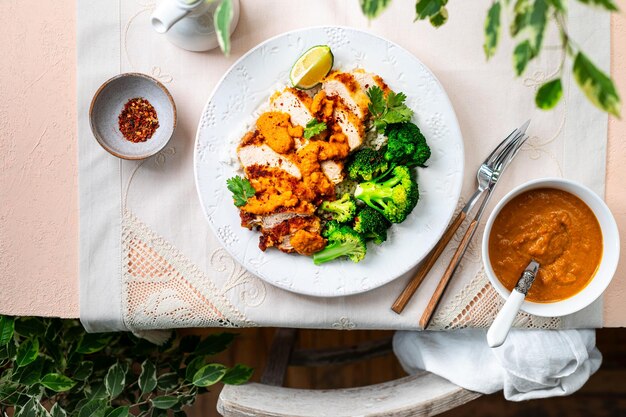 Cortilla de pollo crujiente con salsa de katsu con arroz blanco y brócoli en una mesa de piedra