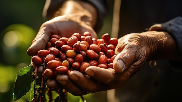 Cosecha de café con los granos en la mano