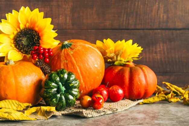 Cosecha de otoño con girasoles dorados.