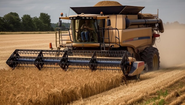 Cosechadoras doradas trabajan en cortes de campos de trigo generados por IA