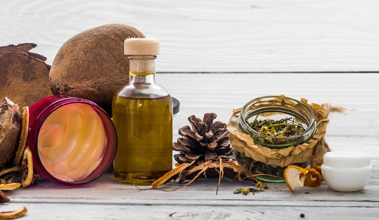 Foto gratuito cosmética natural, producto ecológico, crema y aceite aromáticos