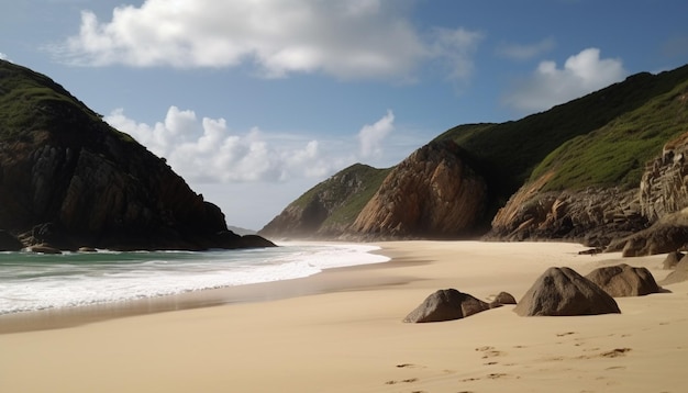 Costa con arena y paisaje acantilado al aire libre belleza de roca de onda de agua generada por inteligencia artificial