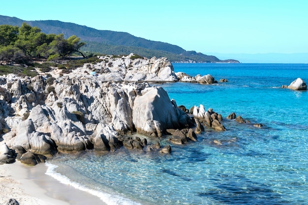 Costa del mar Egeo con vegetación alrededor, rocas y arbustos, agua azul y gente descansando, Grecia