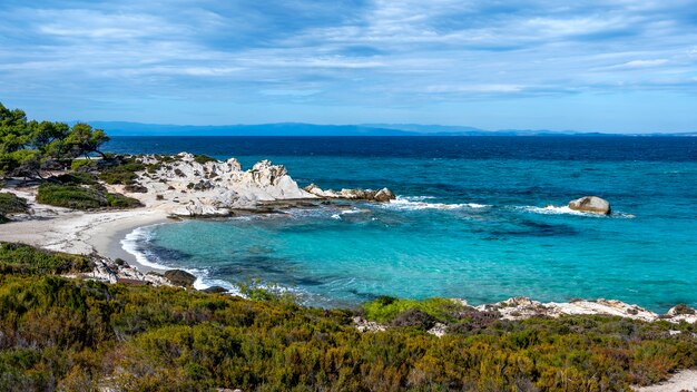 Costa del mar Egeo con vegetación alrededor, rocas, arbustos y árboles, agua azul con olas, Grecia