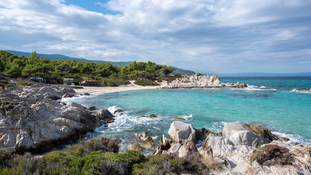 Costa del mar Egeo con vegetación alrededor, rocas, arbustos y árboles, agua azul con olas, Grecia