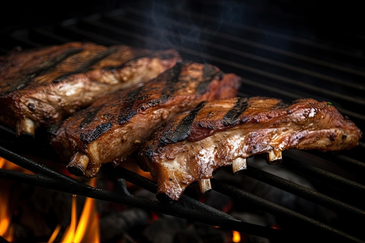 Foto gratuito costillas calientes a la parrilla con salsa barbacoa con fuego ai generativo