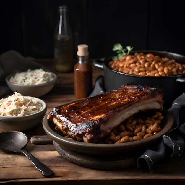 Costillas de cerdo a la parrilla con frijoles horneados y ensalada de col sobre fondo de madera