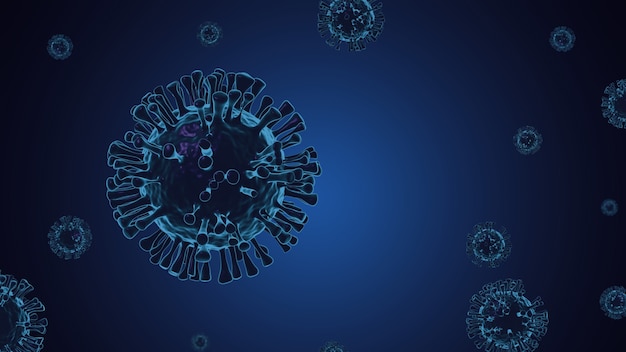 Covid-19, coronavirus, renderizado de virus 3D en el fondo.