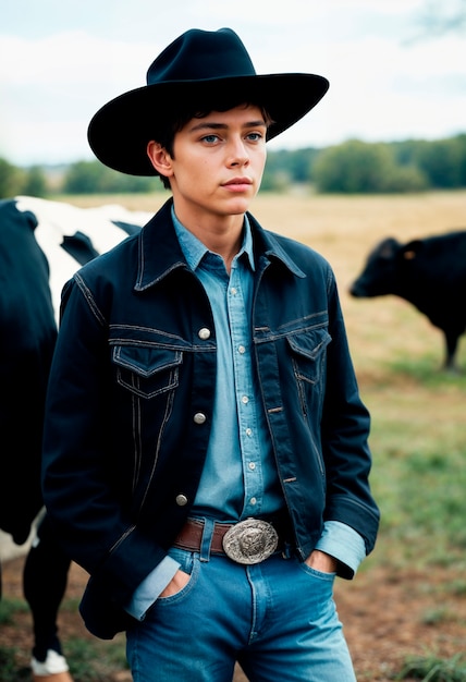 Foto gratuita cowboy portrait in daylight with out of focus landscape background