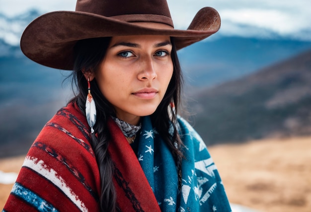 Foto gratuita cowboy portrait in daylight with out of focus landscape background