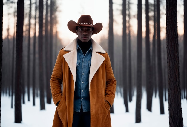 Foto gratuita cowboy portrait in daylight with out of focus landscape background