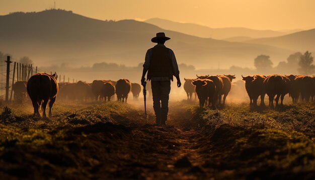 Cowboy trabajando en una granja al amanecer con ganado de pastoreo generado por inteligencia artificial