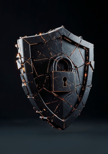 Cracked security shield with lock: cyber security breach