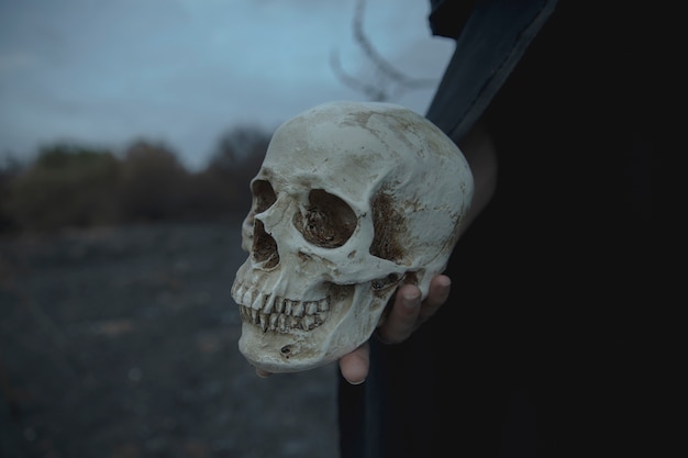 Cráneo de cemento realista de primer plano para halloween