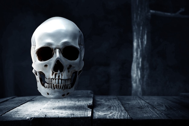 Cráneo humano en mesa de madera con fondo oscuro
