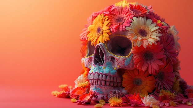 Foto gratuita cráneo mexicano de colores vívidos con flores