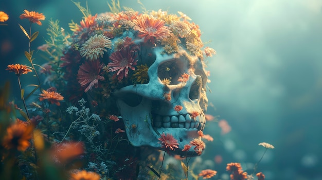 Foto gratuita cráneo mexicano de colores vívidos con flores