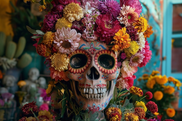 Foto gratuita cráneo mexicano con hermosas flores