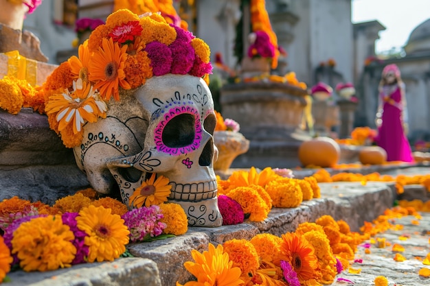 Foto gratuita cráneo mexicano con hermosas flores