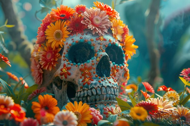 Cráneo mexicano con hermosas flores