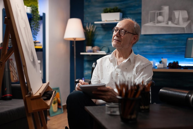 Creador de arte de hobby senior tomando notas manteniendo un diario de progreso de aprendizaje en un taller creativo mirando el caballete en el estudio de arte en casa. Artista anciano sentado en silla de ruedas haciendo bocetos en un cuaderno.