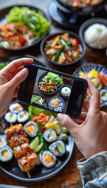 Creador de contenido alimentario que filma una variedad de platos para cargar en Internet