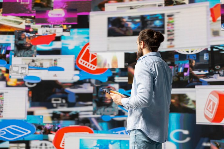 Foto gratuito el creador de tendencias masculino organiza una presentación en vivo que ofrece información para la innovación