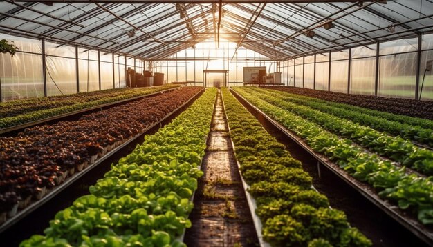 Crecimiento de plantas orgánicas frescas en tecnología de invernadero moderna generada por IA