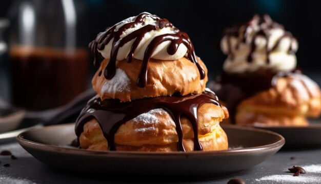 Crema batida y salsa de chocolate sobre eclair generado por IA