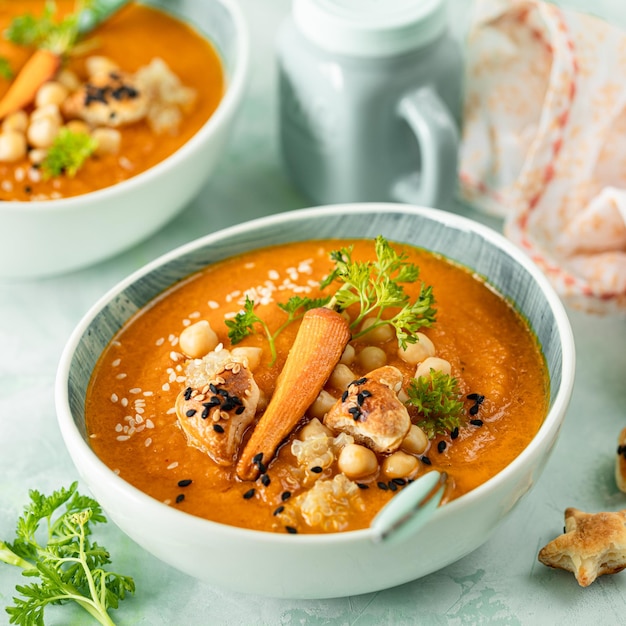 Crema de calabaza Sopa de puré de calabaza y zanahoria con garbanzos y quinoa sobre fondo verde Cocina vegetariana Recetas veganas