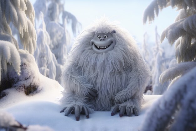 Criatura de personaje furry yeti en paisaje invernal