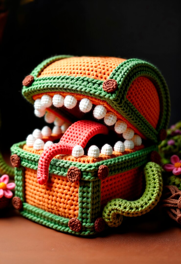 Photo Gratis crocheted mimic treasure chest monster