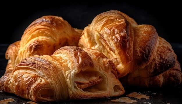 Croissant francés recién horneado, una delicia gourmet generada por IA