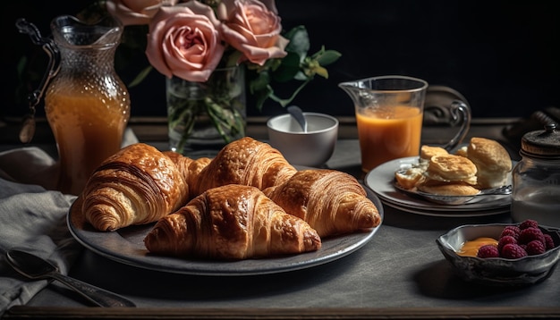 Foto gratuita croissant recién horneado y café en la mesa ia generativa