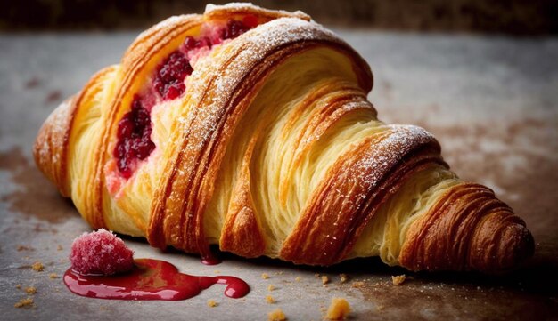 Un croissant con relleno de frambuesa se sienta en una mesa.