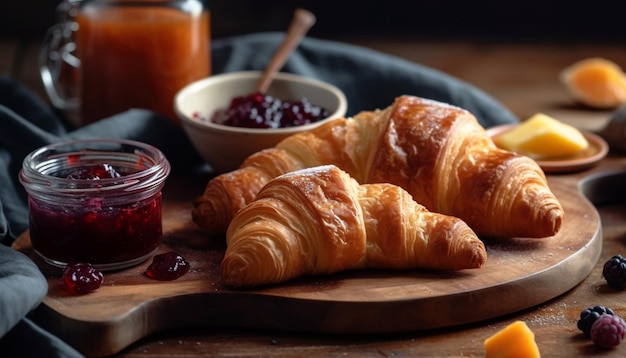 Foto gratuita croissants en una tabla de madera con mermeladas y croissants