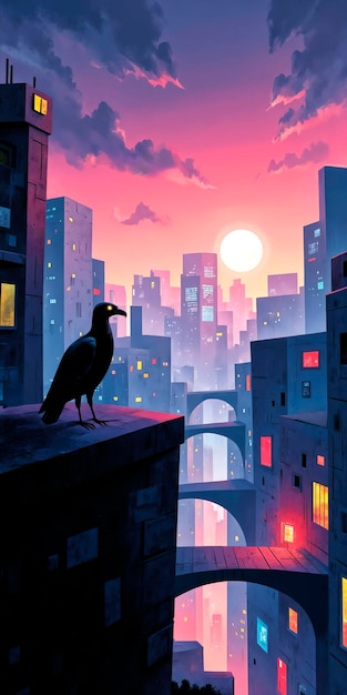 A crow perched over a city at sunset