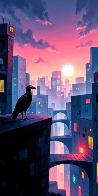 A crow perched over a city at sunset