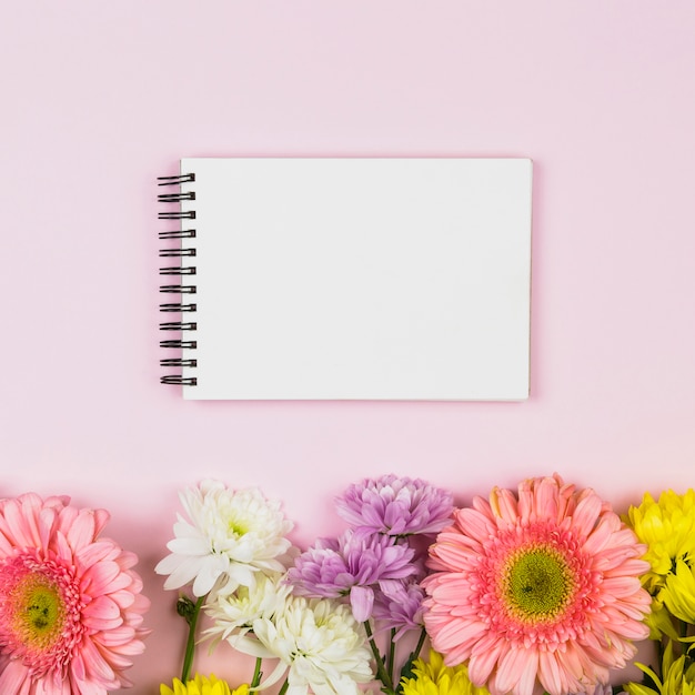 Foto gratuita cuaderno cerca de brillantes flores frescas aromáticas