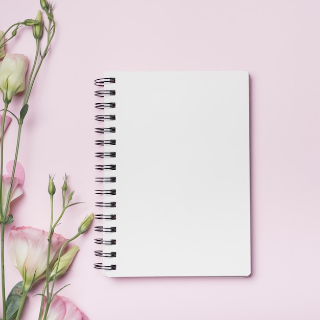 Cuaderno espiral en blanco con flores eustoma contra telón de fondo rosa