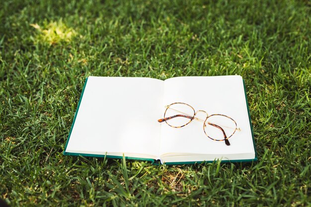 Cuaderno con gafas sobre hierba