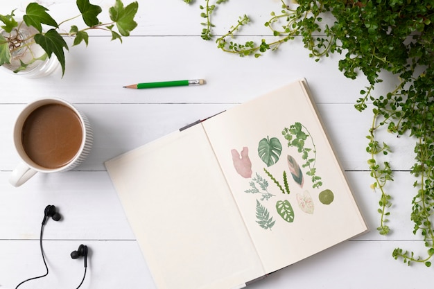 Cuaderno plano en plantas con ilustraciones dibujadas a mano