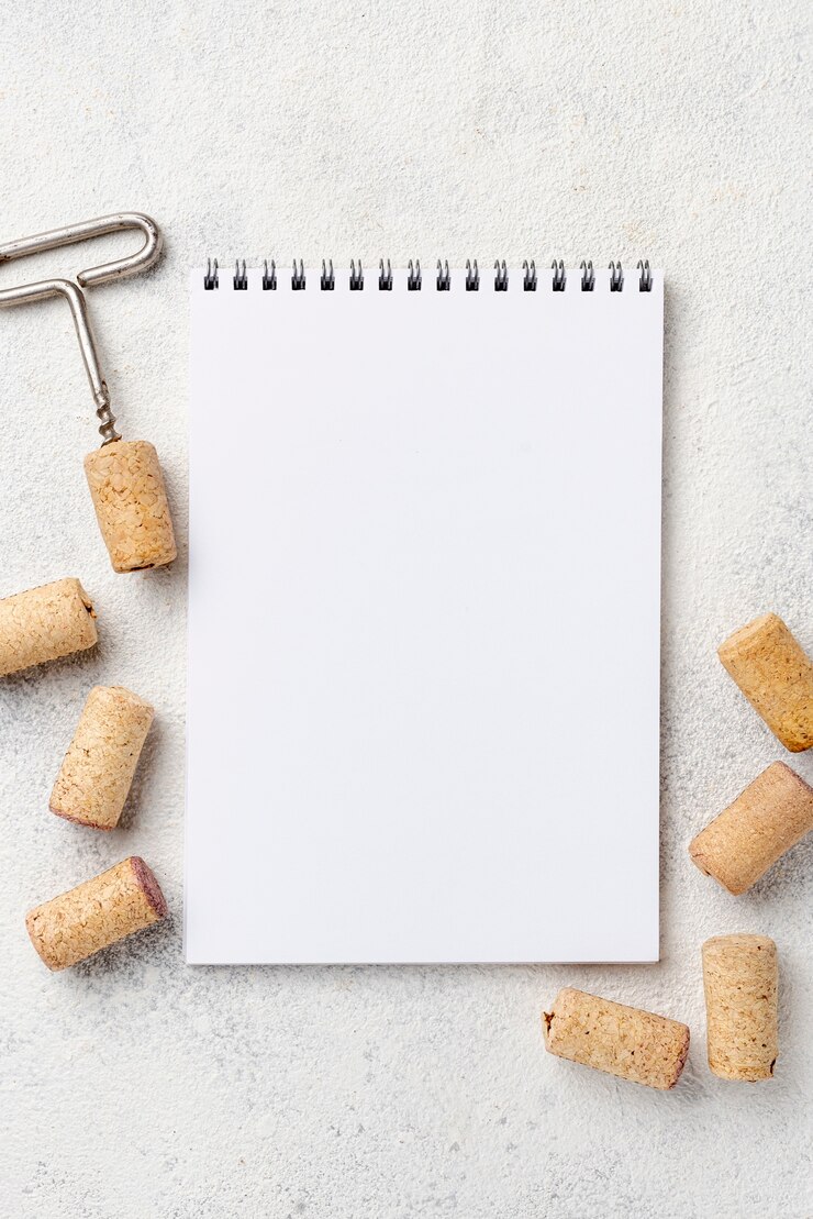 Foto gratuito cuaderno con sacacorchos y tapones de vino
