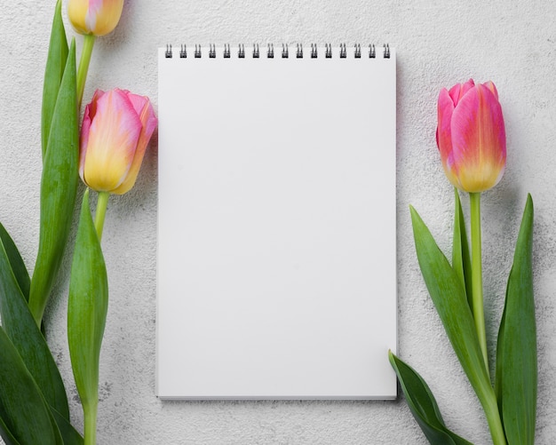 Foto gratuita cuaderno con tulipanes rosados